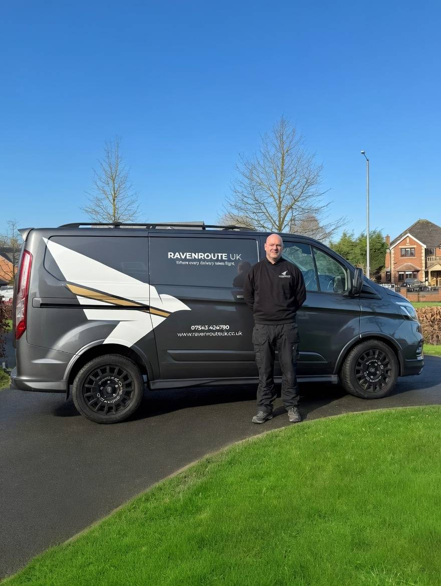 James O'Neill, owner of RavenRoute UK, standing next to his branded courier van